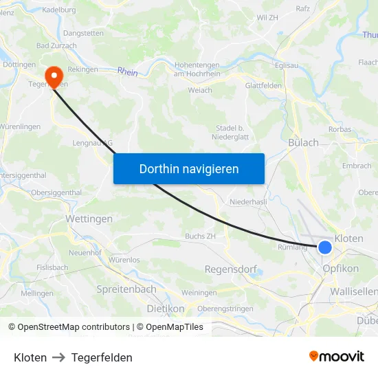 Kloten to Tegerfelden map