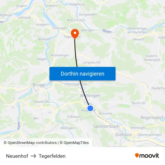 Neuenhof to Tegerfelden map