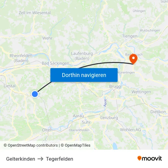 Gelterkinden to Tegerfelden map