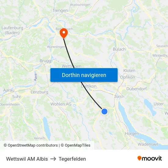 Wettswil AM Albis to Tegerfelden map