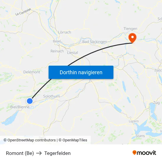 Romont (Be) to Tegerfelden map