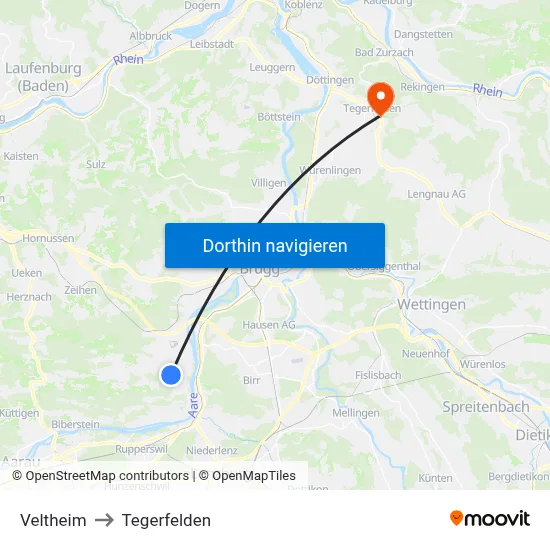 Veltheim to Tegerfelden map