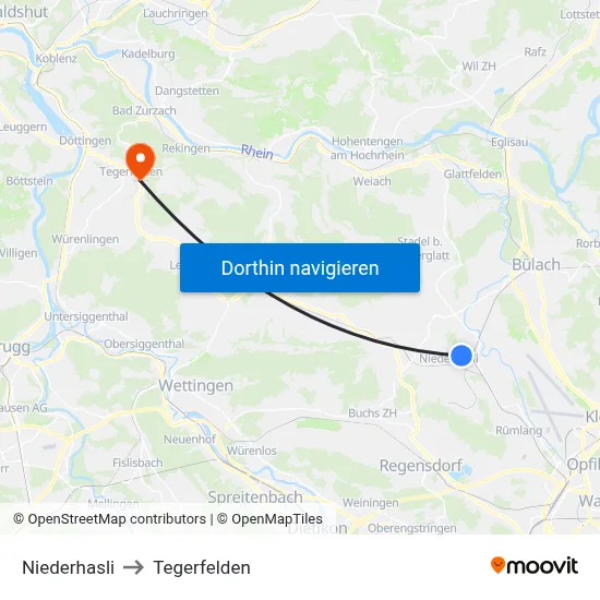 Niederhasli to Tegerfelden map