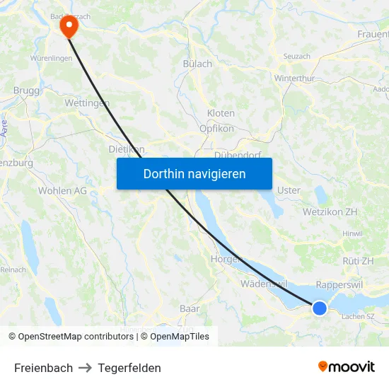 Freienbach to Tegerfelden map