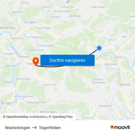 Wasterkingen to Tegerfelden map