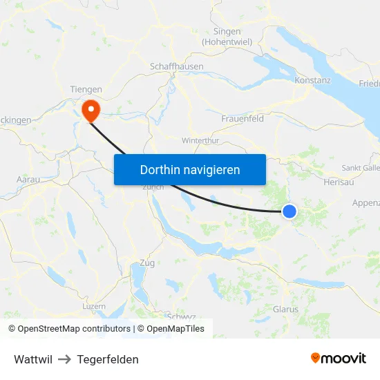Wattwil to Tegerfelden map