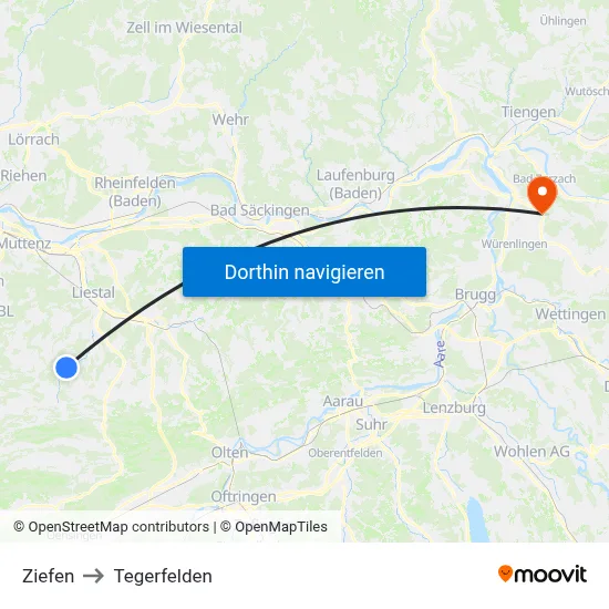 Ziefen to Tegerfelden map