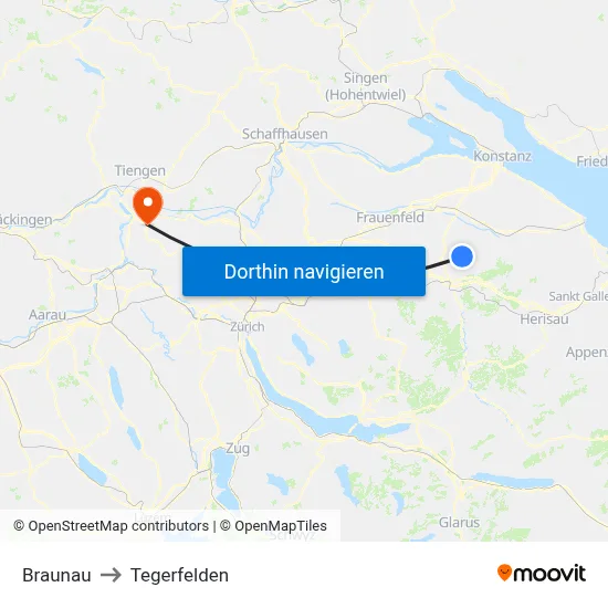 Braunau to Tegerfelden map