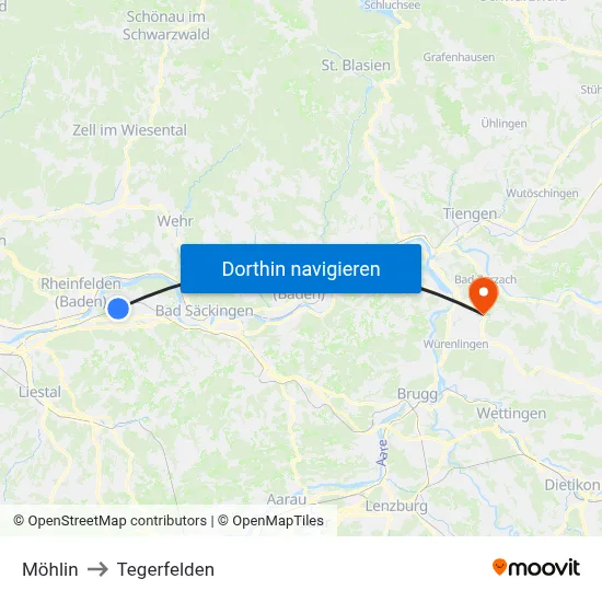 Möhlin to Tegerfelden map