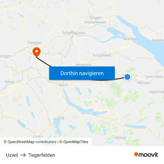 Uzwil to Tegerfelden map