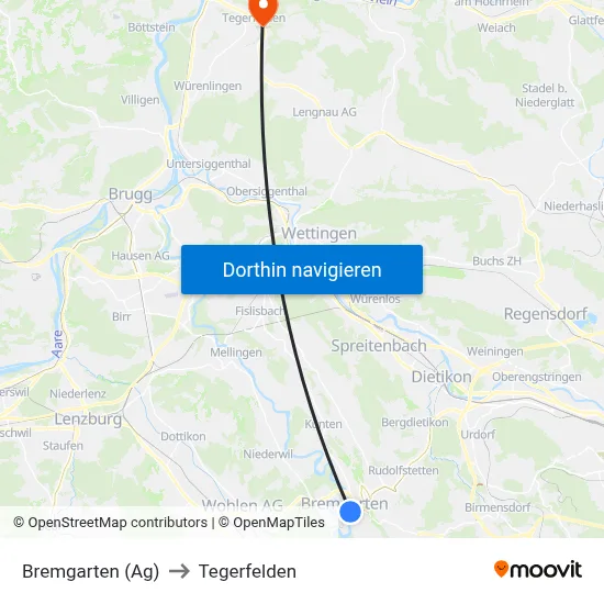 Bremgarten (Ag) to Tegerfelden map