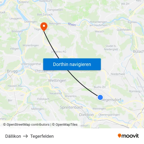 Dällikon to Tegerfelden map