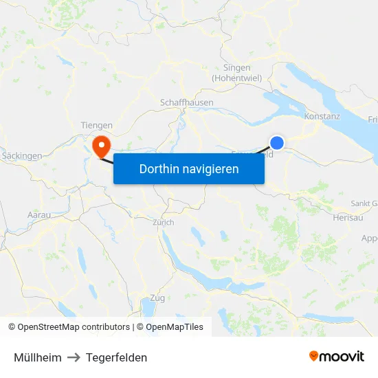 Müllheim to Tegerfelden map