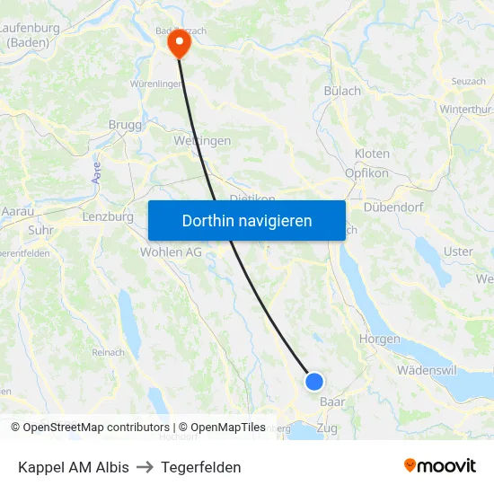 Kappel AM Albis to Tegerfelden map