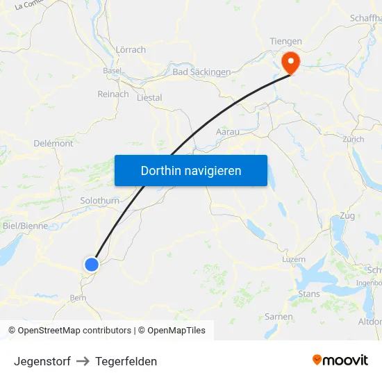Jegenstorf to Tegerfelden map