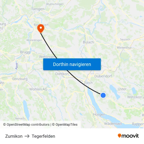 Zumikon to Tegerfelden map