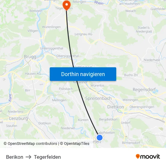 Berikon to Tegerfelden map