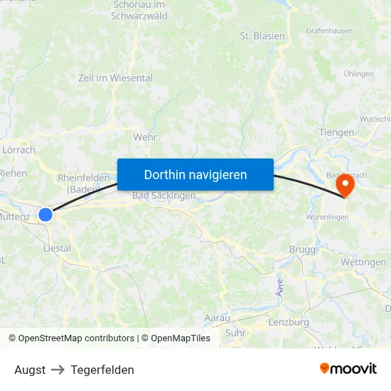 Augst to Tegerfelden map