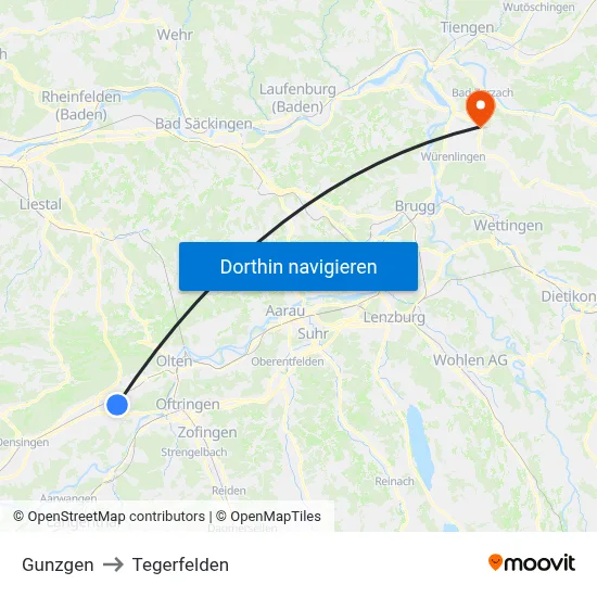 Gunzgen to Tegerfelden map