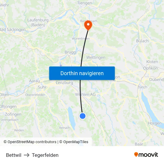 Bettwil to Tegerfelden map