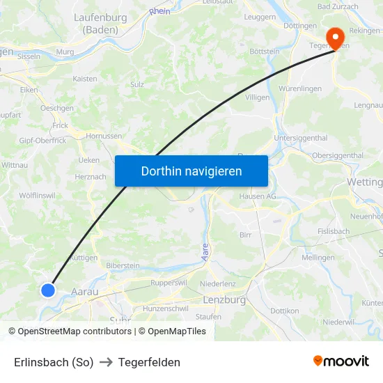 Erlinsbach (So) to Tegerfelden map