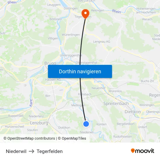 Niederwil to Tegerfelden map