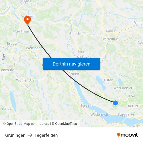 Grüningen to Tegerfelden map