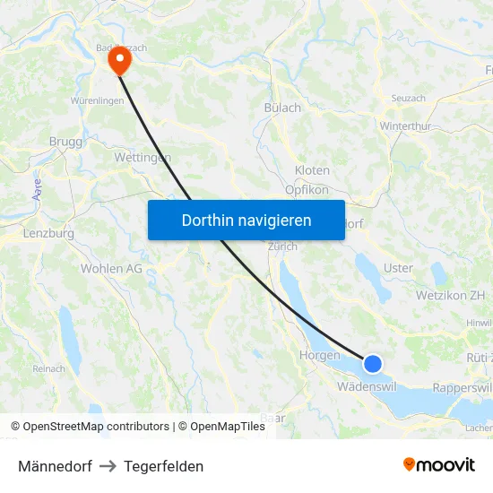 Männedorf to Tegerfelden map