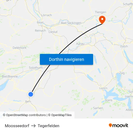 Moosseedorf to Tegerfelden map