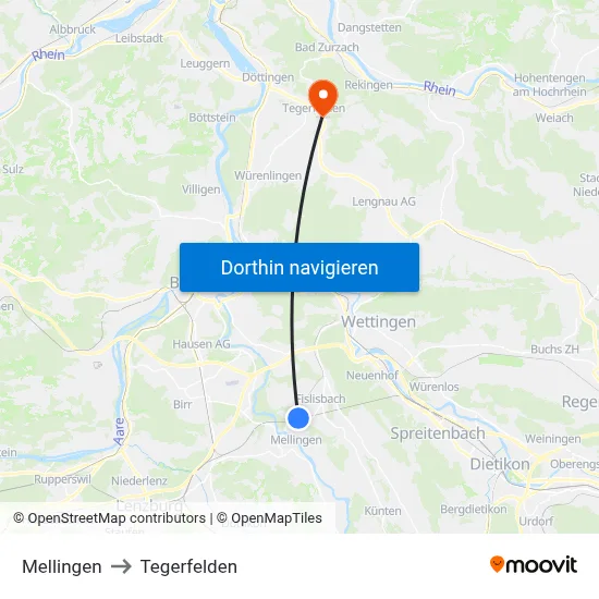 Mellingen to Tegerfelden map