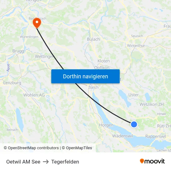 Oetwil AM See to Tegerfelden map