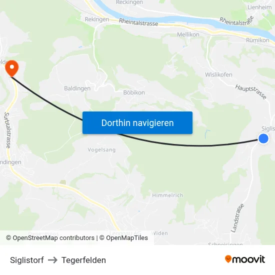 Siglistorf to Tegerfelden map