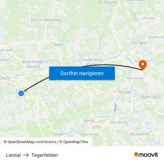 Liestal to Tegerfelden map