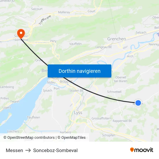 Messen to Sonceboz-Sombeval map