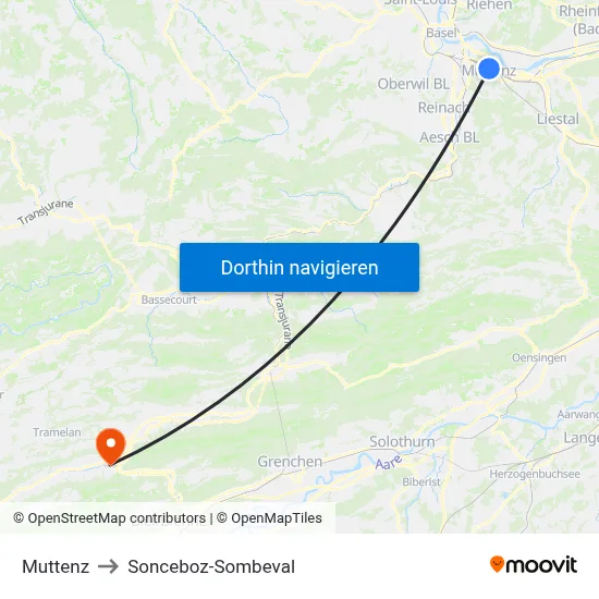 Muttenz to Sonceboz-Sombeval map