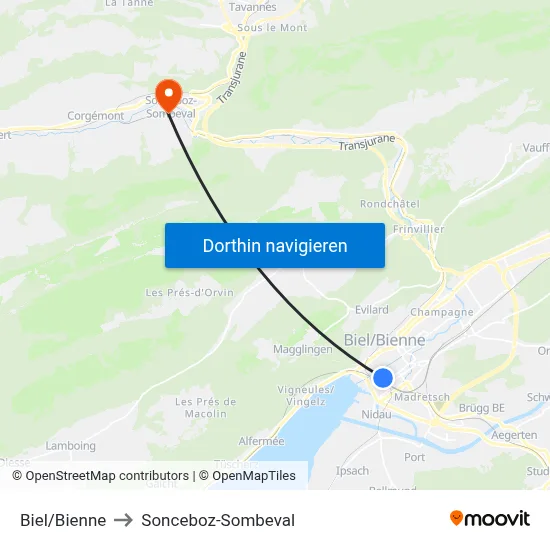 Biel/Bienne to Sonceboz-Sombeval map