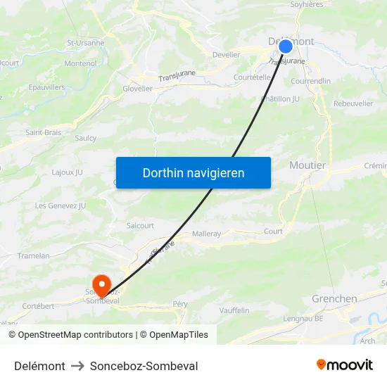 Delémont to Sonceboz-Sombeval map