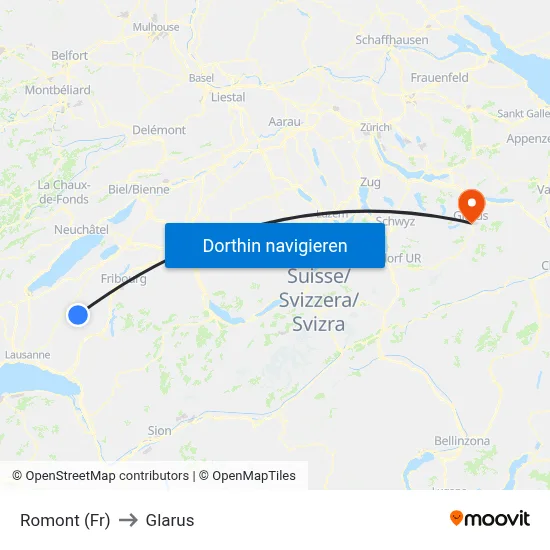 Romont (Fr) to Glarus map