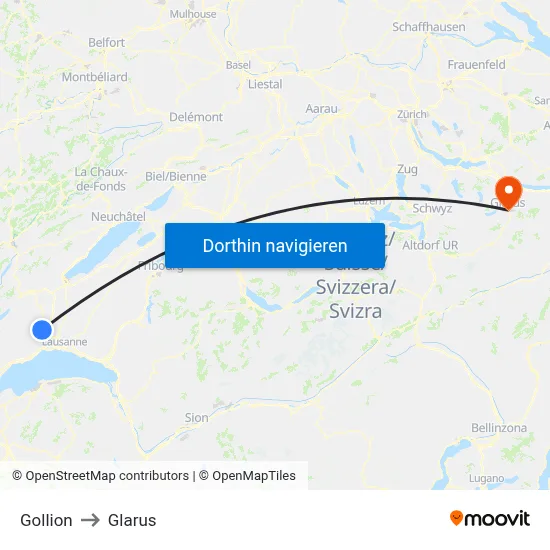Gollion to Glarus map