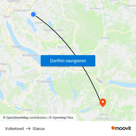 Volketswil to Glarus map