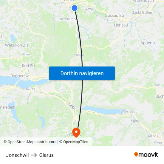 Jonschwil to Glarus map