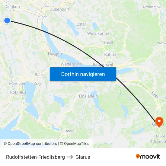 Rudolfstetten-Friedlisberg to Glarus map