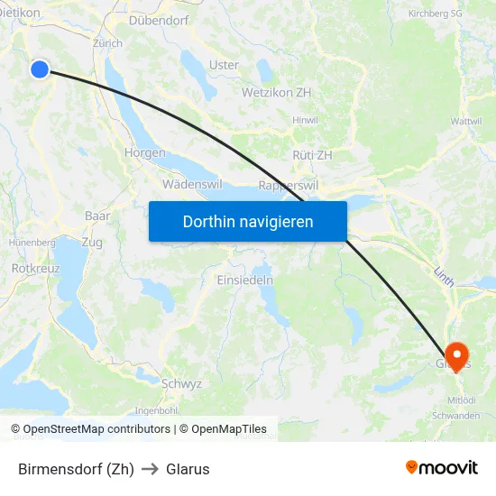 Birmensdorf (Zh) to Glarus map