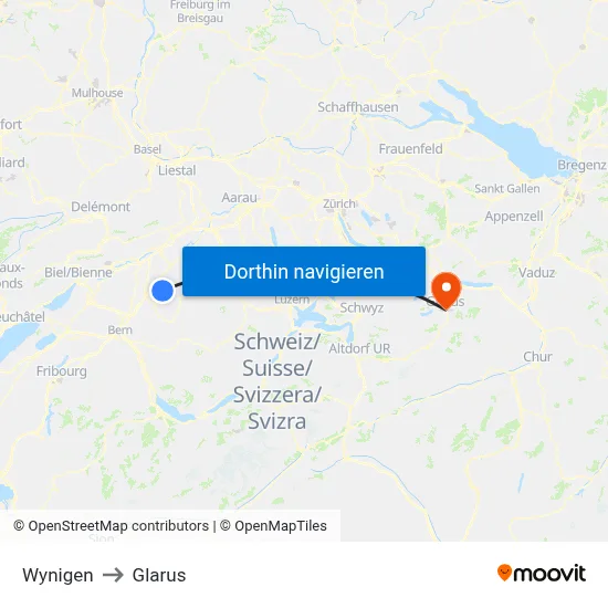 Wynigen to Glarus map