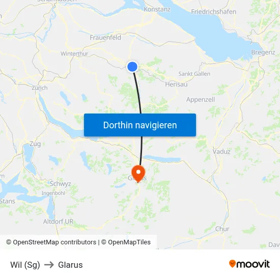 Wil (Sg) to Glarus map