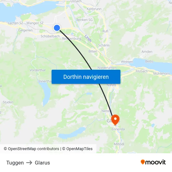 Tuggen to Glarus map
