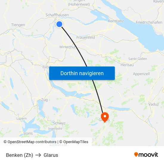 Benken (Zh) to Glarus map