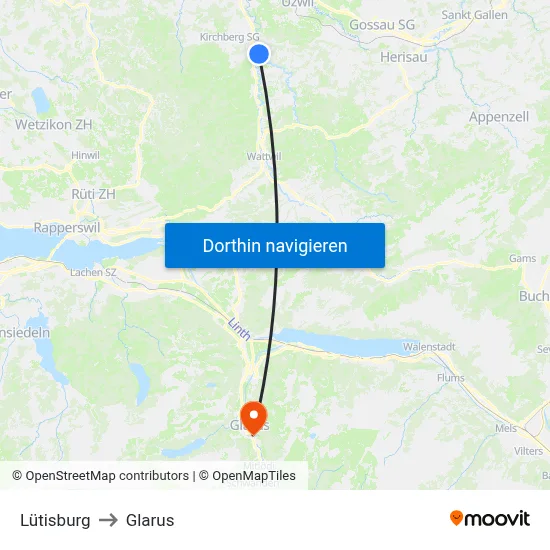 Lütisburg to Glarus map