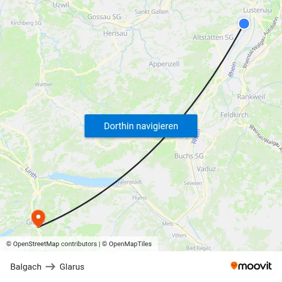 Balgach to Glarus map