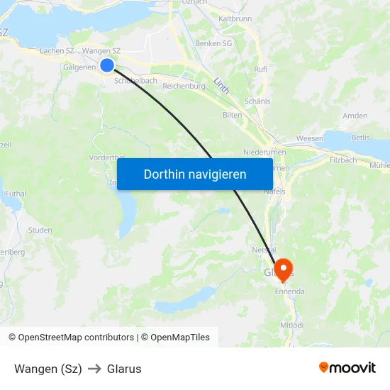 Wangen (Sz) to Glarus map